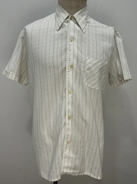 Camicia a maniche corte anni '50 blu a righe misto cotone vintage europea 39 M/L