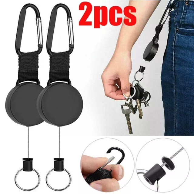 2Pcs Retractable Keyring Key Chain Heavy Duty Pull Ring Stainless Steel Recoil