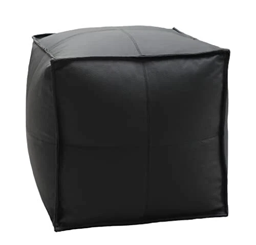 Genuine Leather Pouf Stuffed Ottoman Hassock Foot Stool Bean Leather - Black