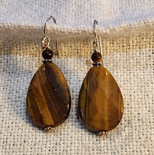 Sterling Silver Faceted Tiger's Eye Teardrop Dangle Earrings