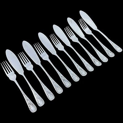 Antique silver plate Victorian Art Nouveau fish cutlery set for 6 people, scroll