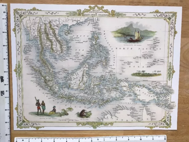 Antique Picture map 1800s: Malay Archipelago, East India Islands Tallis Reprint