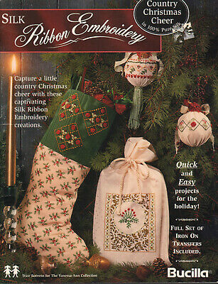 Libro de patrones de bordado de cinta de seda, bucilla, alegría navideña rural