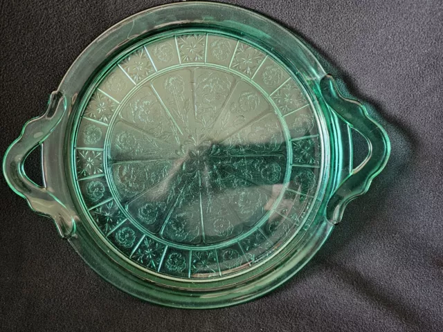 Jeannette Doric Pansy Ultramarine Green Depression Glass Cake Plate Handles 12.5