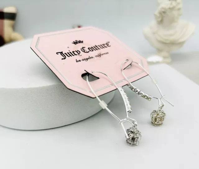 Juicy Couture Jewelry Silver Tone Crystal Crown Hook Drop Statement Earrings 3