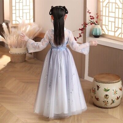 Girl Shiny Mesh Hanfu Chinese Floral Dress Embroidered Traditional Costume Sweet