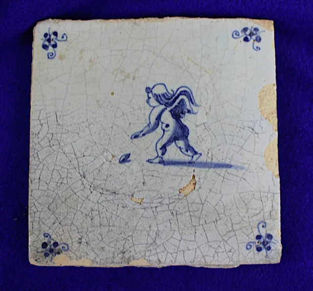 1700s Antique Dutch Delft Blue/White Cupid Faience Tile #1