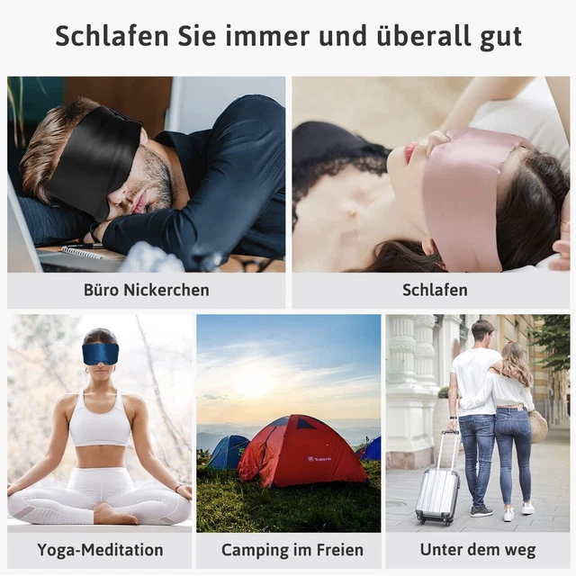Schlafmaske Herren - Damen Seide Verstellbar Brille Augen Reise Augenbinde Black 6