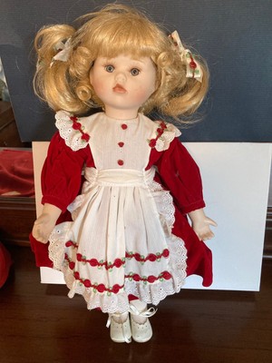 Porcelain Doll  16" Blond Hair  and  Blue Eyes Red Velvet Dress with Bib Apron