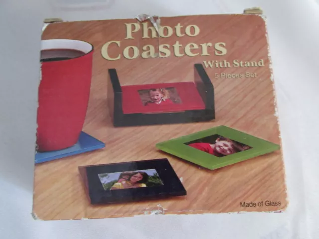 Vintage Glass Photo Coasters with  Wood Case Original Box, Set of 4 - Never Used