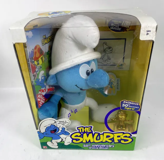 NOS Smurfs 50th Anniversary Special Edition Plush Toy w/ DVD & Figure 2008 JAKKS