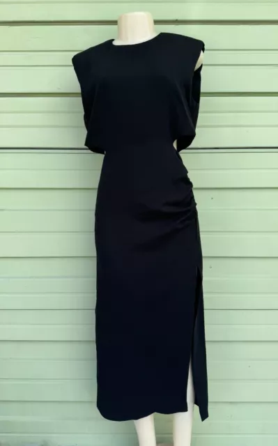 New Zara Black Side Cut Out Midi Dress Round Neck Sleeveless Size S #2387