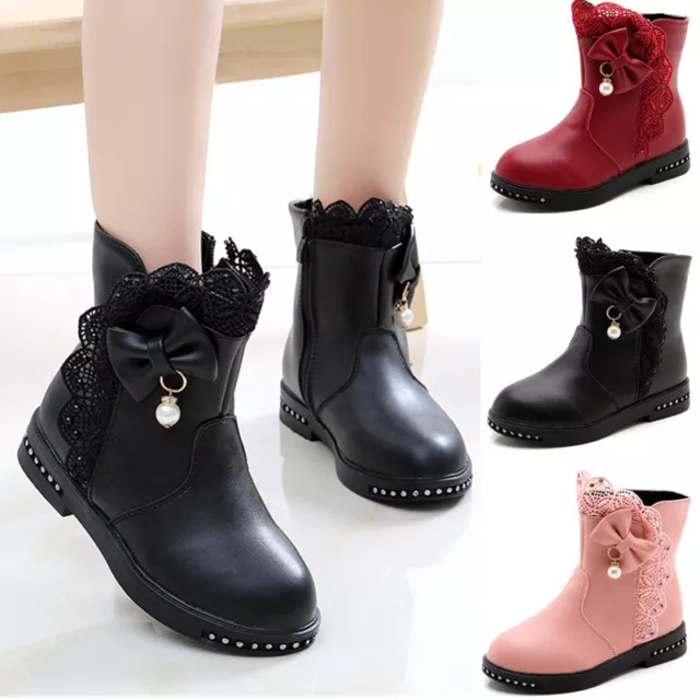 Girls Warm Fur Lined Ankle Boots Kids Pearls Bowknot Lace Trim Flat Zipper Shoes