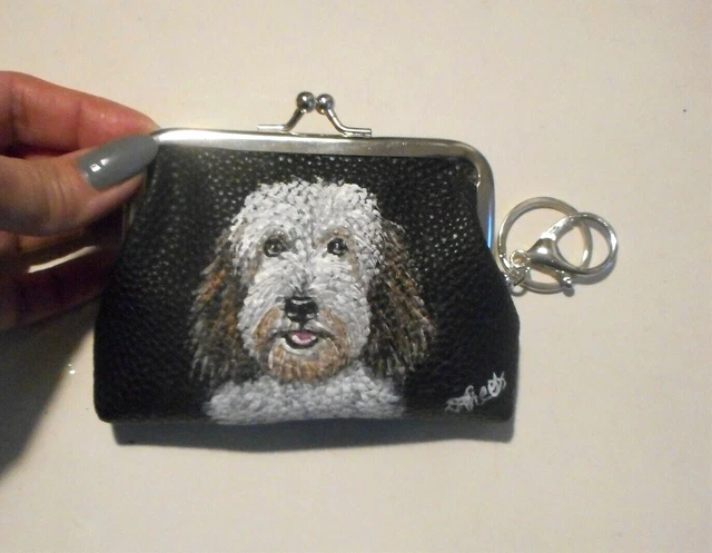 Petit Basset Griffon Vendeen dog Coin Purse with Key Chain Hand Painted Vegan