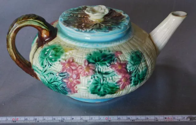 Antique majolica basket weave teapot roses twig handle raised relief foliage