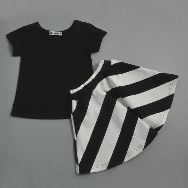 2Pcs Toddler Baby Girls T-shirt Tops+ Striped Skirt Kids Summer Clothes Outfits