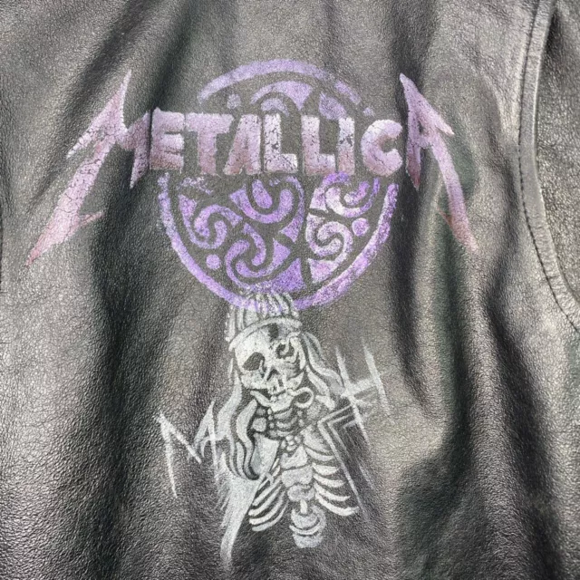 Gilet vintage anni '90 incredibilmente raro Metallica dipinto a mano in pelle nera taglia M. 3