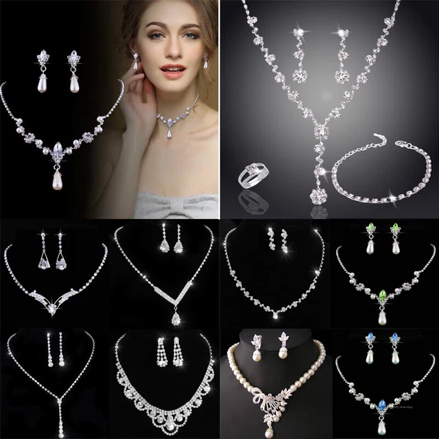 Fashion Wedding Bridal Crystal Rhinestone Women Necklace Earrings Set Jewelry