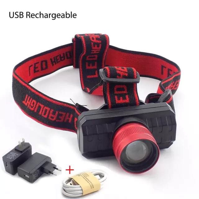 Q5 LED Headlamp USB Rechargeable Headlight Head Torch Lamp Flashlight Zoomable