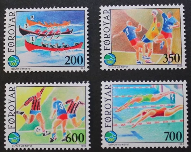 Sports stamps, 1989 rowing, handball, football Faroe Islands SG ref:181-184, MNH