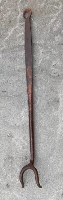 Hand Forged Wrought Iron Butcher Flesh Fork Rat Tail Loop PA Hearth Cooking Ant