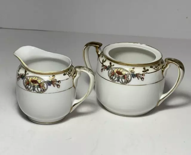 Nippon Hand Painted Sugar and Creamer Vintage Gold Trim and Beading No Lid
