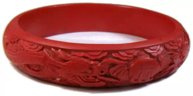Highly Detailed Old Chinese Export Carved Dragon Cinnabar Bangle Bracelet