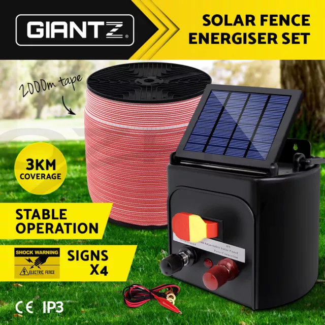 Giantz Electric Fence Energiser 3km Solar Powered Charger Set + 2000m Tape