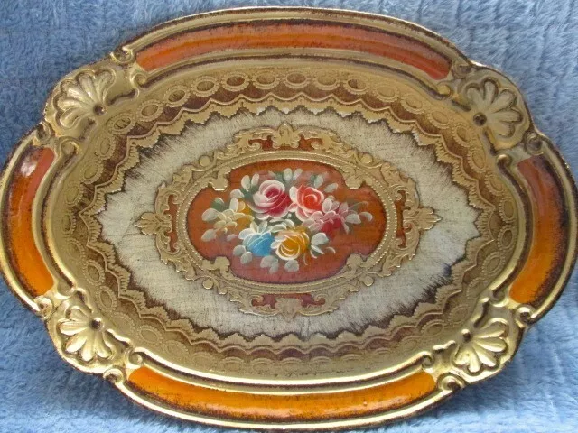 Hand Painted Orange Cream Tole Floral Vintage Italian Florentine Tole Wood Tray