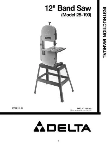 Band Saw Instruction Maintenance Manual Fits Delta 12" inch 28-190 FREE SHIPPING