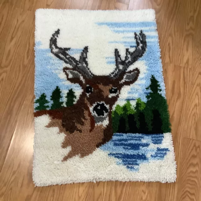 Vintage Latch Hook Buck Deer Rug Wall Hanging Big 34” X 24” Finished Completed