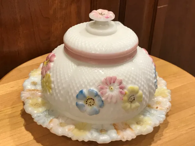 Cosmos Wild Rose,Daisy Dome Butter Dish Milk Glass Raised Flowers Pink Blue EAPG