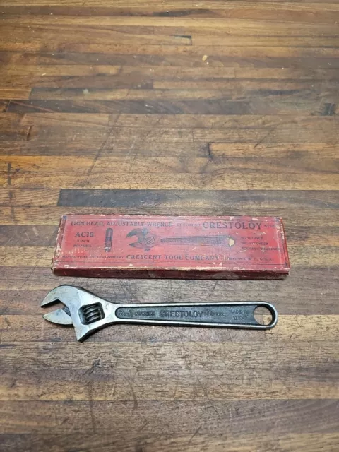 K988- Vintage Crestoloy 8" Crescent Tool Company Adjustable Wrench AC18 w/ box