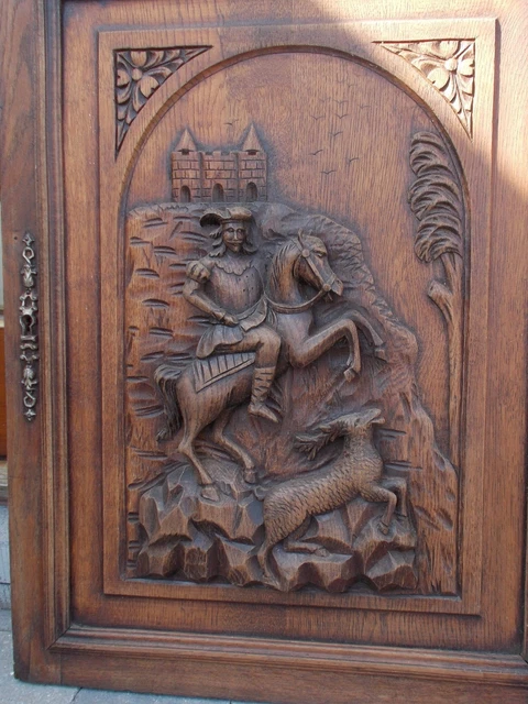 French Antique Hand Carved Large Wood Door Panel -  Horse Man Hunting Sculpture