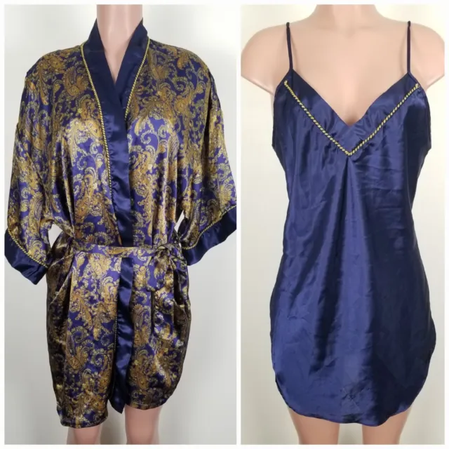 VINTAGE KATHRYN BLUE Satin Nightgown Peignoir Robe Set Large USA $29.93 ...