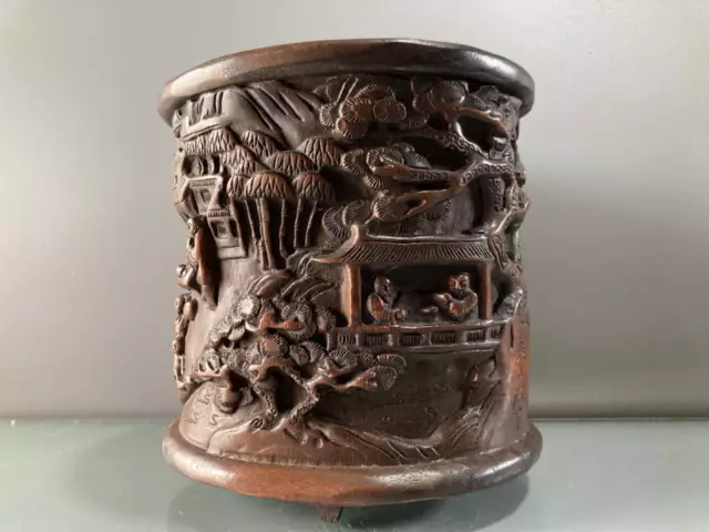 Chinese Natural Bamboo Hand-carved Exquisite Landscape Figure Brush Pot ah2514