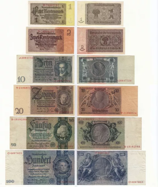 3.Reich, Banknotenlot in den Werten von:  1, 2, 10, 20, 50, 100 Reichsmark ~7182