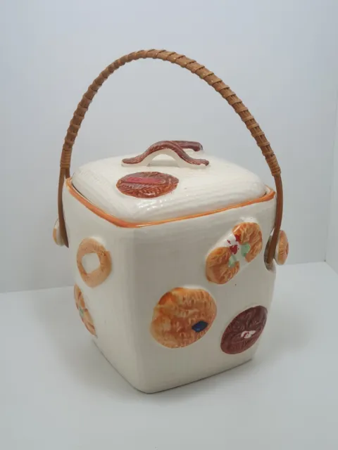 Vintage Cookie Jar / Biscuit Barrel Japan W/ Rattan Handle MCM Kitsch Retro