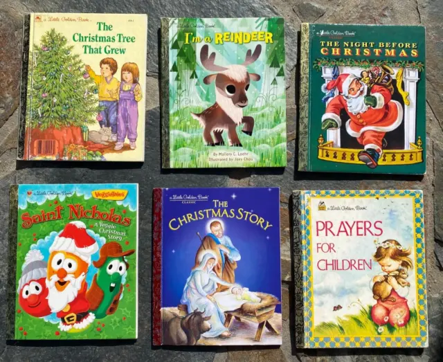6 Vintage Little Golden Books CHRISTMAS Tree Santa Prayers Reindeer Deer Veggie