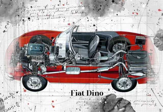 Line Tech Drawing  Fiat Dino    Auto Car Classic Cutaway Art Poster Print