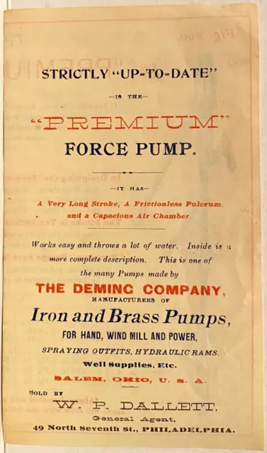 The Deming Company Salem Ohio Premium Force Pump Illustrated Folder ~ ca 1890s