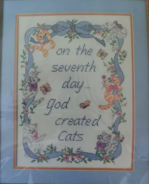 Stamped Cross Stitch Kit Cat Saying Picture On 7th Day God Created Cats 12"x16"