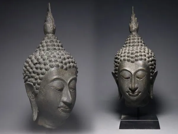 Thailand Old Buddha Head Statue / Bronze / H 30 [ cm ]