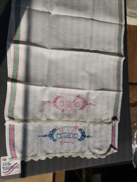 2 Vintage Embroidered Flour Sack Linen Cotton Tea Dish Towels Silver 17"x21" B1