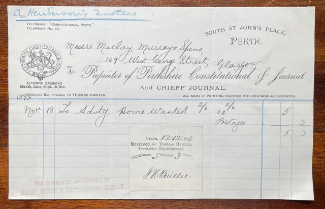 1893 Perthshire Constitutional & Journal and Crieff Journal, Perth Invoice