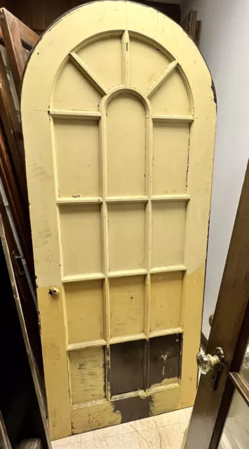 Antique Oak arched Entry door w/ beveled Mirror glass On One Side 80.5 X 34”