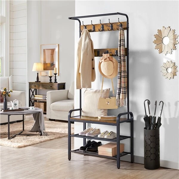 INDUSTRIAL HALL TREE with Bench & Shoe Storage Coat Rack Shoe Bench