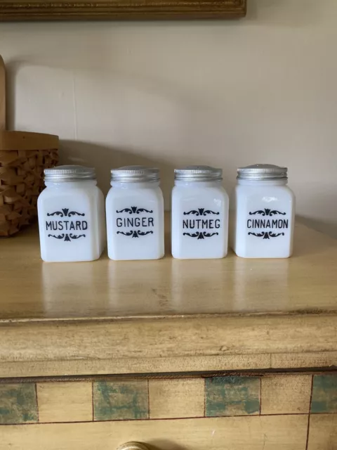 DOVE BRAND VINTAGE SET OF 4 WHITE MILK GLASS SPICE JARS w/LIDS DOVE BRAND VINTAGE SET OF 4 WHITE MILK GLASS SPICE JARS w/LIDS