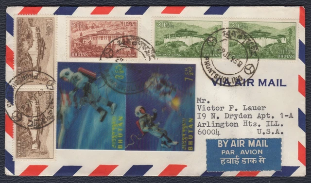 BHUTAN 1968, Cover to Arlington USA, Sc 76+78+79+91+91B, Mi 84+85+142+167+169