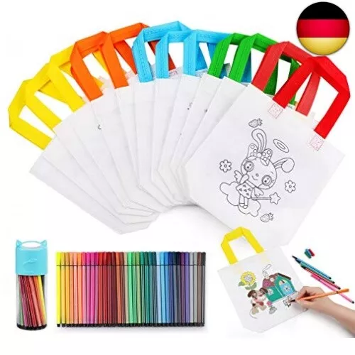 Anstore Kinder Stoffbeutel Set,12 Stück Non-Woven Tasche Zum Bemalen & 36 Farbe